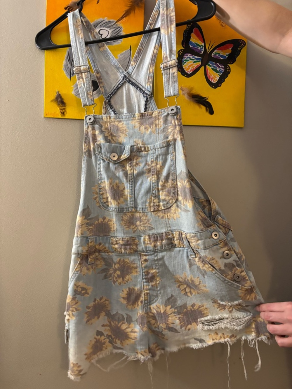 No Boundaries Light Blue Denim Short Overalls with Yellow Floral Print